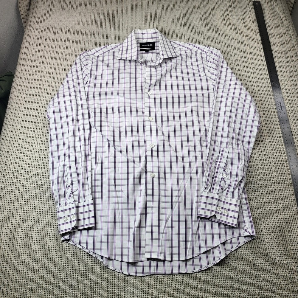 Bonobos Shirt Mens 15.5 34/35 White Check Slim Fit Dress Long Sleeve Business